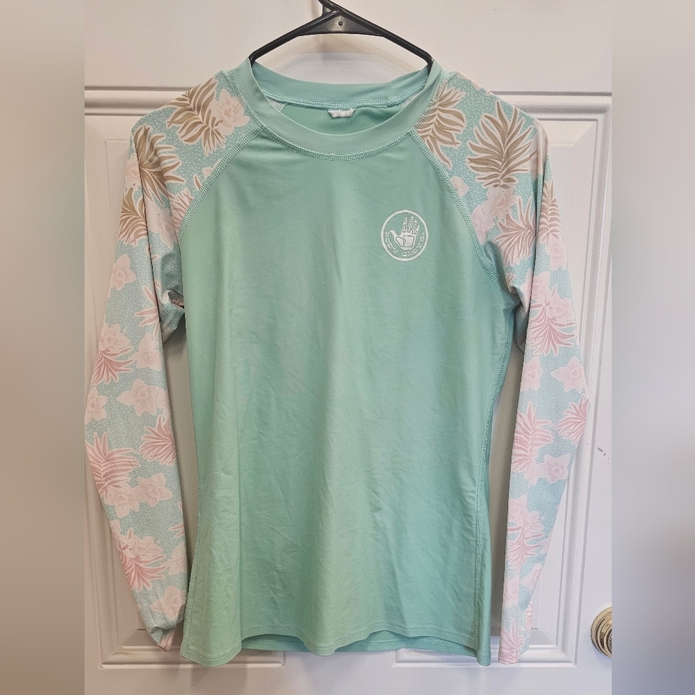 Body Glove Mint Green Swim Rash Guard with Pink Floral Sleeves